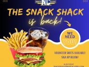 The Snack Shack Needs Volunteers picture with snacks and text