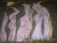 sidewalk chalk art of four pink images with yellow star in left corner