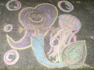 sidewalk chalk art pink and yellow jelly fish and purple and pink hearts