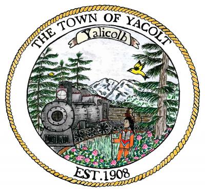 Town of Yacolt Seal with train coming through the forest and established date of 1908
