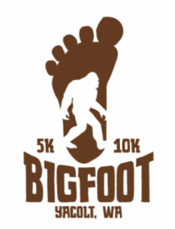 image of bigfoot inside a big foot in brown with 5k and 10k text and Yacolt, WA text